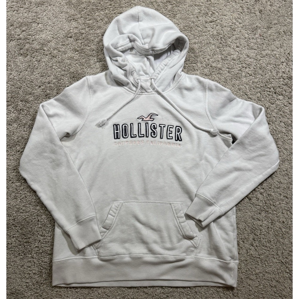 Women's Hollister Y2K White Hoodie Sweatshirt Outdoors‎ Spellout Casual Cozy M